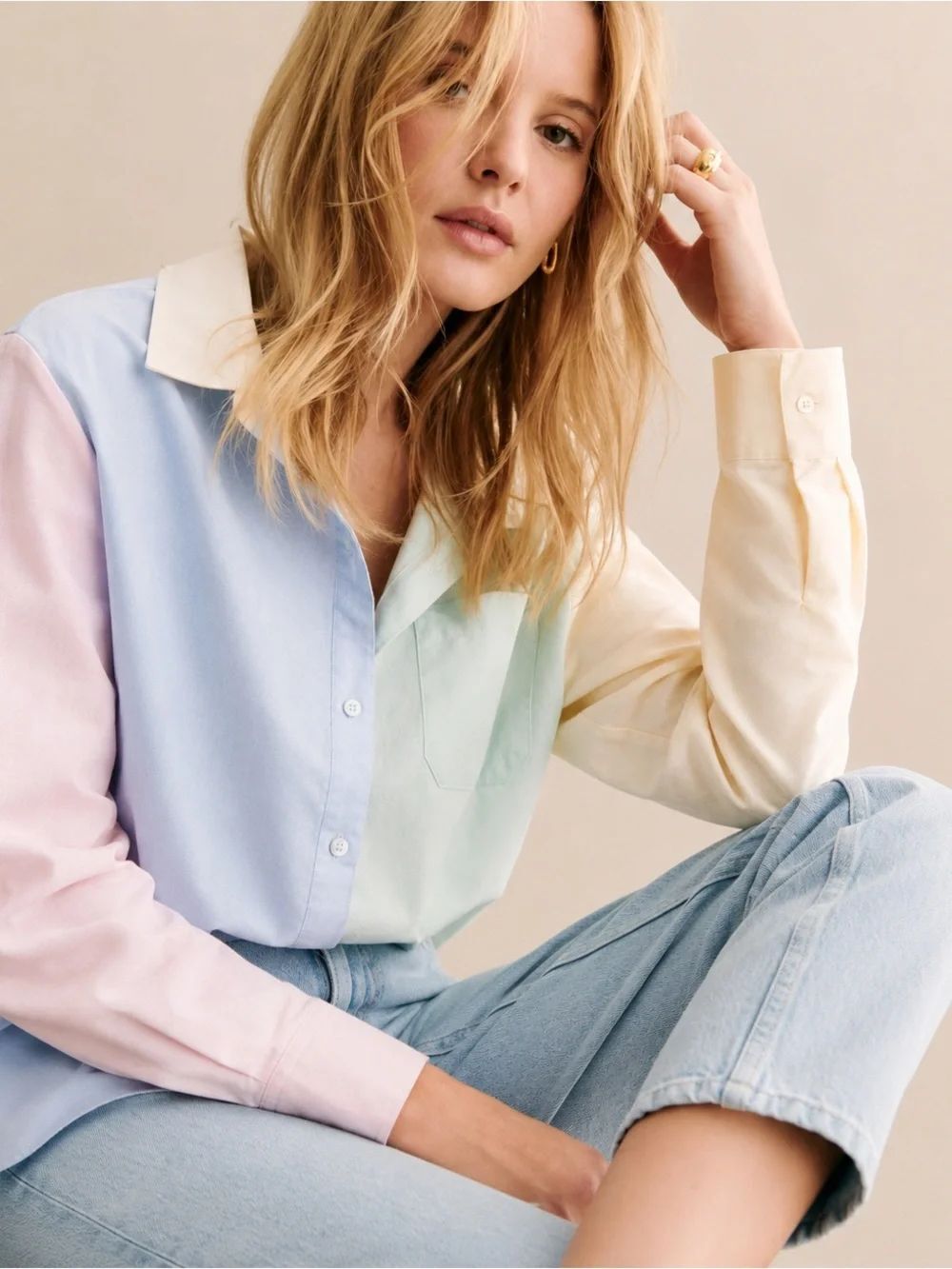 Sézane Tomboy Shirt Colorblock Pastel Organic Cotton Button Down | EU 36 / US 4
